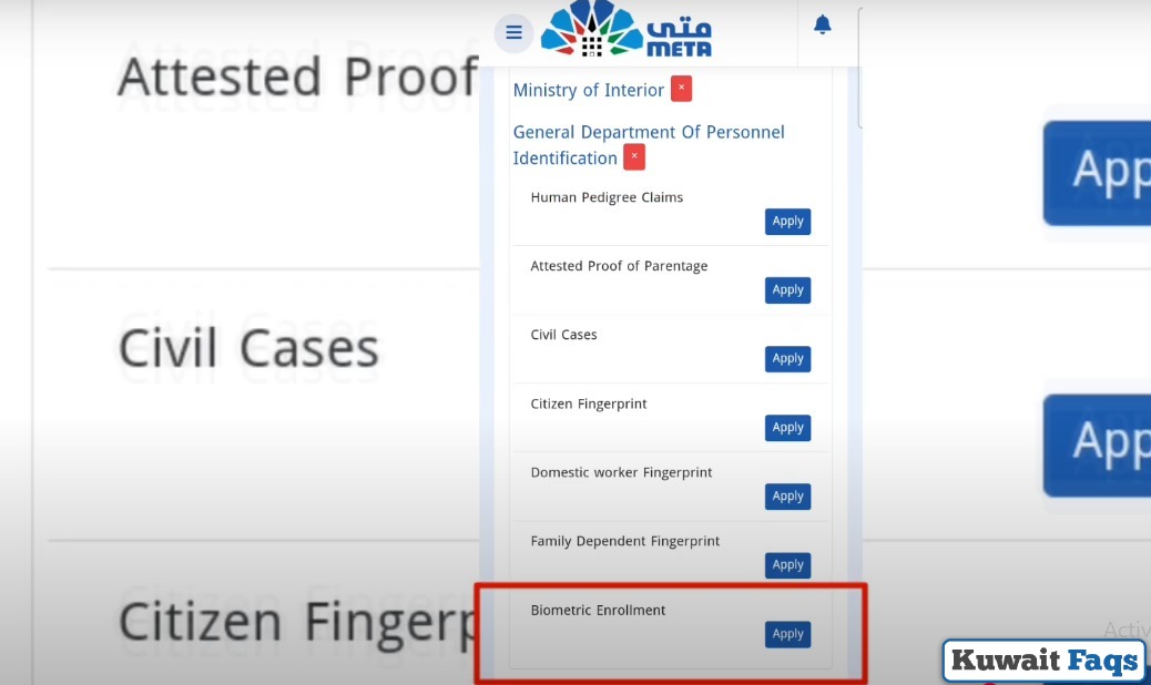 Steps to book Meta Kuwait Biometric Appointment